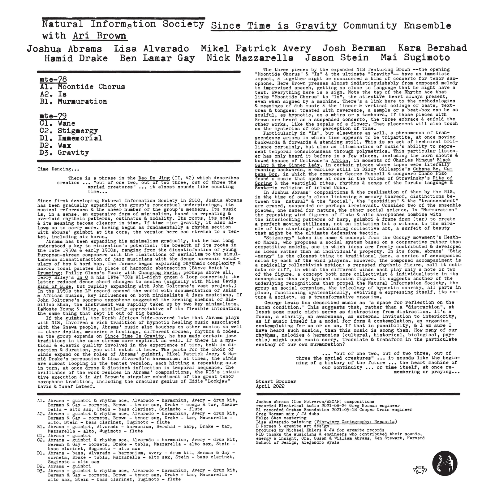 米2LP Joshua Abrams Natural Informat Since Time Is Gravity MTE7879 Eremite Records /00520 Natural Information | Joshua Abrams | eremite records